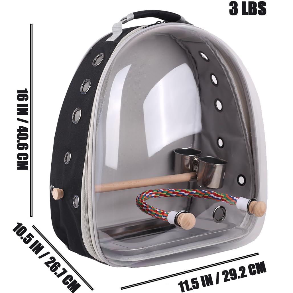 Bird Traval Carrier Cage, Clear Space Capsule Astronaut Backpack to Carry Parakeet Cockatiel Parrot with Metal Tray Wood Perch, Vet Transport School Bag