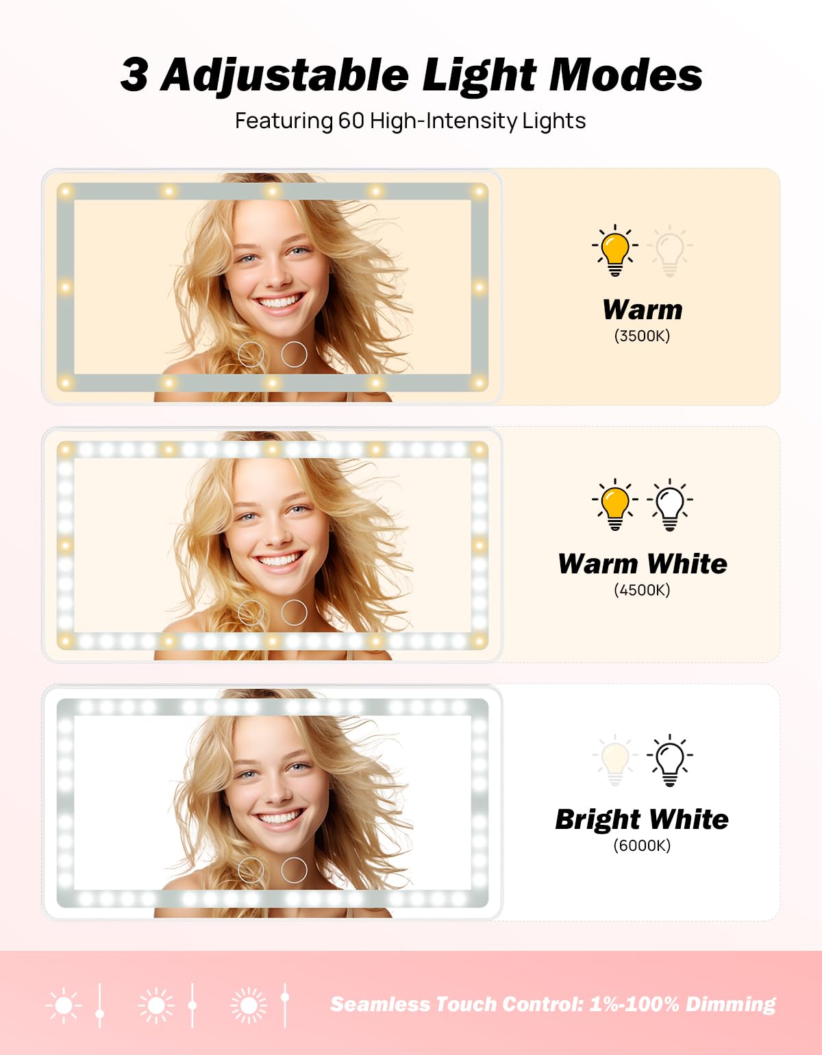 JOYTUTUS Car Sun Visor Vanity Mirror with Lights, 3 Light Modes & 60 LEDs, Rechargeable Dimmable Touch Control Travel Makeup Mirror for Truck SUV