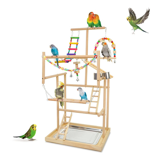 Bird Playground, Parrots Playstand for Small to Medium Birds, Perch Stand with 3 Ladders Playgym with Rope Perch, Swings Feeder Cups Bird Cage Accessories for Conure Cockatiel Lovebirds