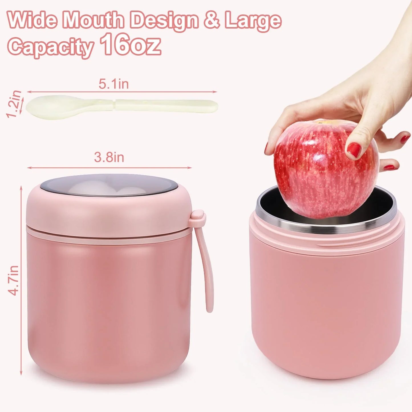 Juome 16oz Kids Thermo for Hot Food - Insulated Vacuum Food Jar Container, Wide Mouth Stainless Steel Soup Thermo Lunch Box for Kids with Spoon, Leakproof (Pink) - Jlhbookstore.store