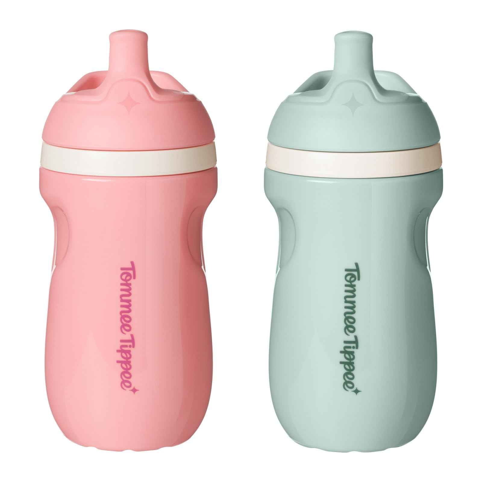 Tommee Tippee Insulated 9oz Sporty Spout Toddler Water Bottle, No Spill, Sippy Cups for Toddlers 1-3, Two-Piece Valve Helps Stop Spills, Light Blue & Orange, BPA Free, Pack of 2