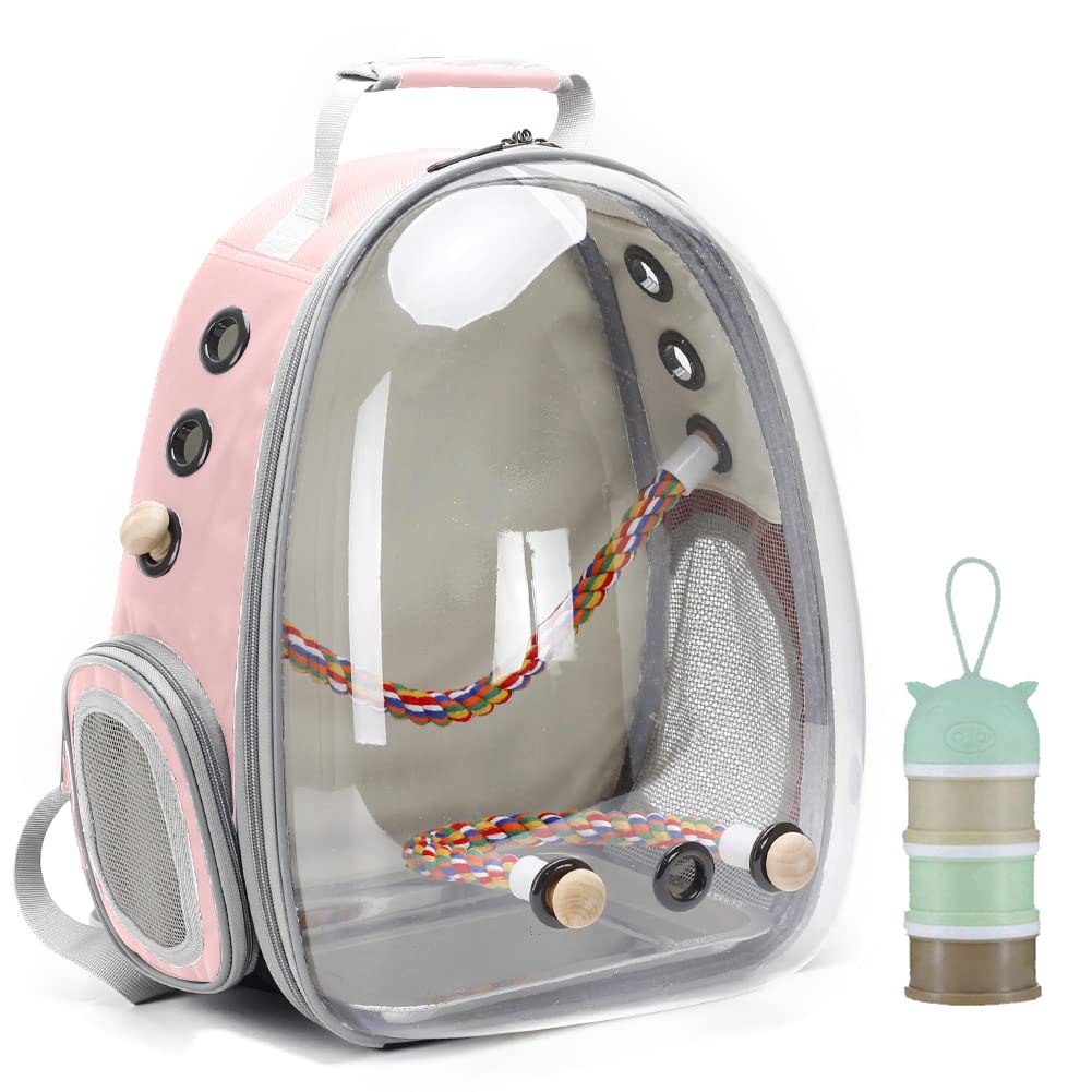 Bird Traval Carrier Cage, Clear Space Capsule Astronaut Backpack to Carry Parakeet Cockatiel Parrot with Metal Tray Wood Perch, Vet Transport School Bag