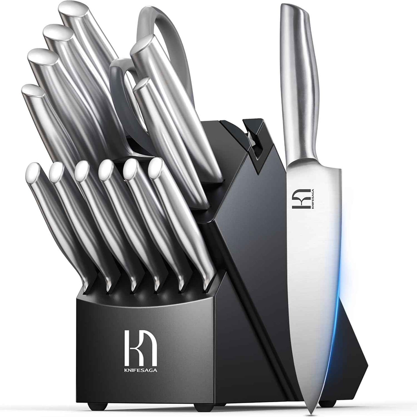 Knife Set Premium, Japanese 14 Pcs Kitchen Knife Block Set Enduring Razor Sharp High Carbon Stainless Steel, Black Chef Knives Set with Built-in Sharpener and Quality Acacia Wood Block