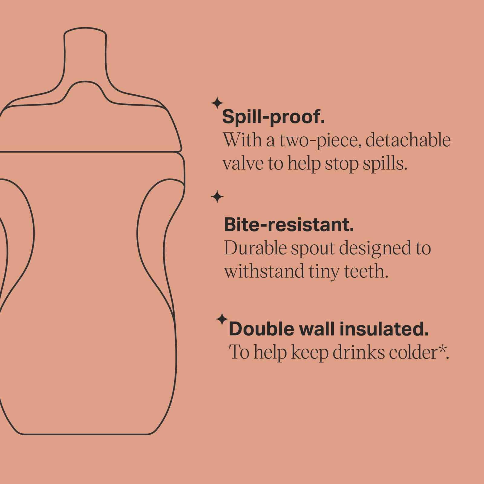 Tommee Tippee Insulated 9oz Sporty Spout Toddler Water Bottle, No Spill, Sippy Cups for Toddlers 1-3, Two-Piece Valve Helps Stop Spills, Lilac & Plum, BPA Free, Pack of 2