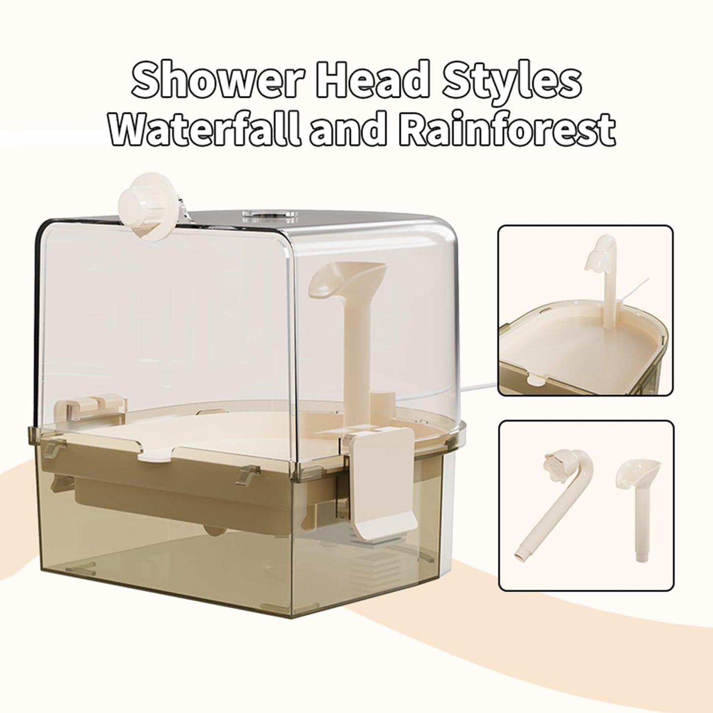 Automatic Bird Baths for Cage – Indoor Parakeet Bath with Pump, Bird Shower with 2 Modes Running Water, Bird Cage Accessory for Pet Birds Conure Budgies Cockatiels Lovebird (Light Brown)