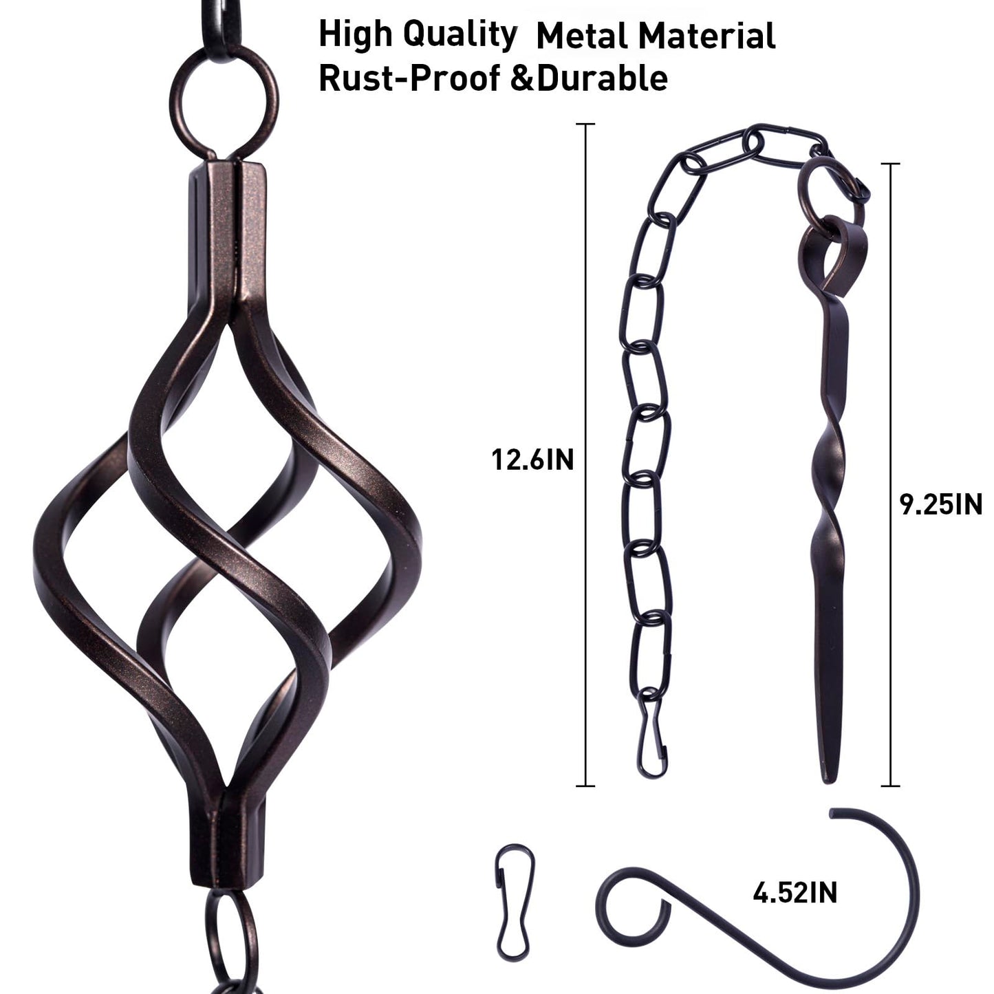 Rain Chain Bird Cage Set 8.5Ft, Not Rust Wrought Iron Rain Chains for Gutters with Adapter Gotta Drain and Sturdy Anchoring Stake,13 Cups, 1 Hook, Adjustable Length for Garden Decorative (Coffee)