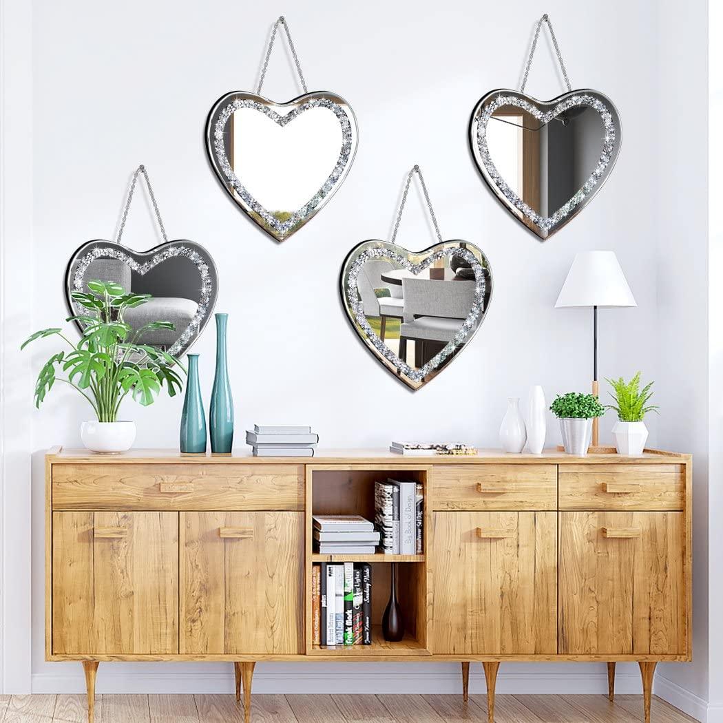 DMDFIRST Heart Shaped Silver Glass Mirror 2 Pack 12x12inch Crystal Crush Diamond Decor Chain Mirror for Wall Decoration - Jlhbookstore.store