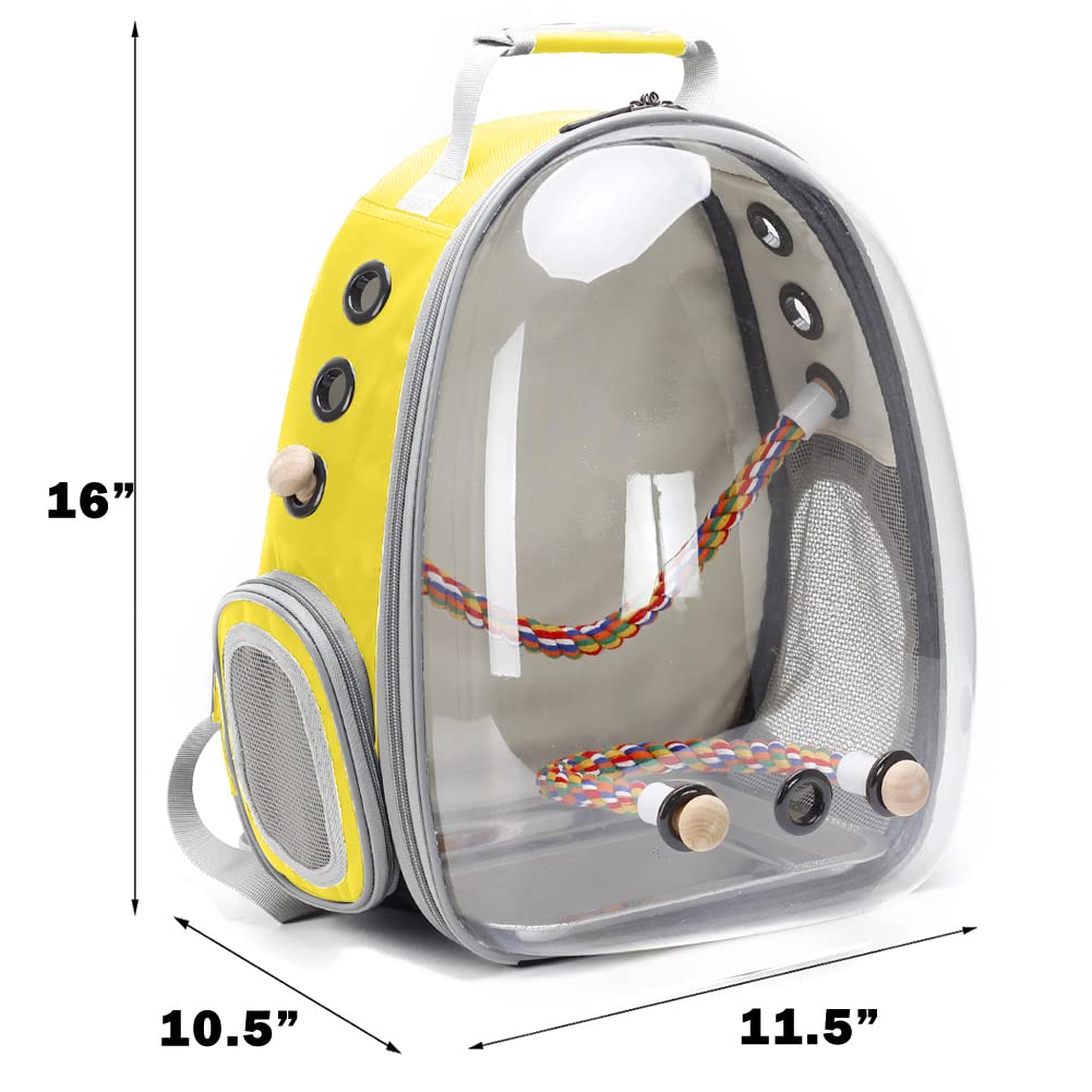 Bird Traval Carrier Cage, Clear Space Capsule Astronaut Backpack to Carry Parakeet Cockatiel Parrot with Metal Tray Wood Perch, Vet Transport School Bag