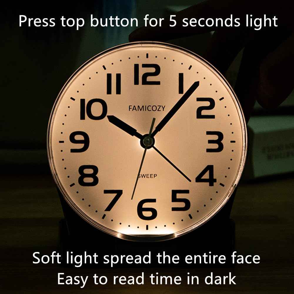 FAMICOZY 4.5" No Ticking Analog Alarm Clock,Silent Readable for Seniors,Easy to Set,Gradual Rise Alarm,Big Numbers,On/Off Switch on Side,Gentle Wake,Snooze Soft Backlight,Battery Operated,White