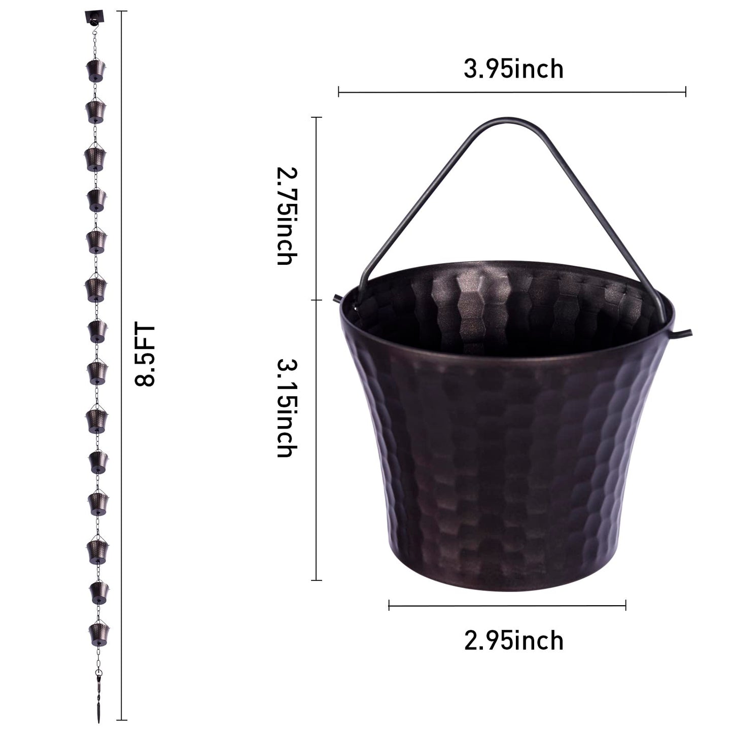 Rain Chain Bird Cage Set 8.5Ft, Not Rust Wrought Iron Rain Chains for Gutters with Adapter Gotta Drain and Sturdy Anchoring Stake,13 Cups, 1 Hook, Adjustable Length for Garden Decorative (Coffee)