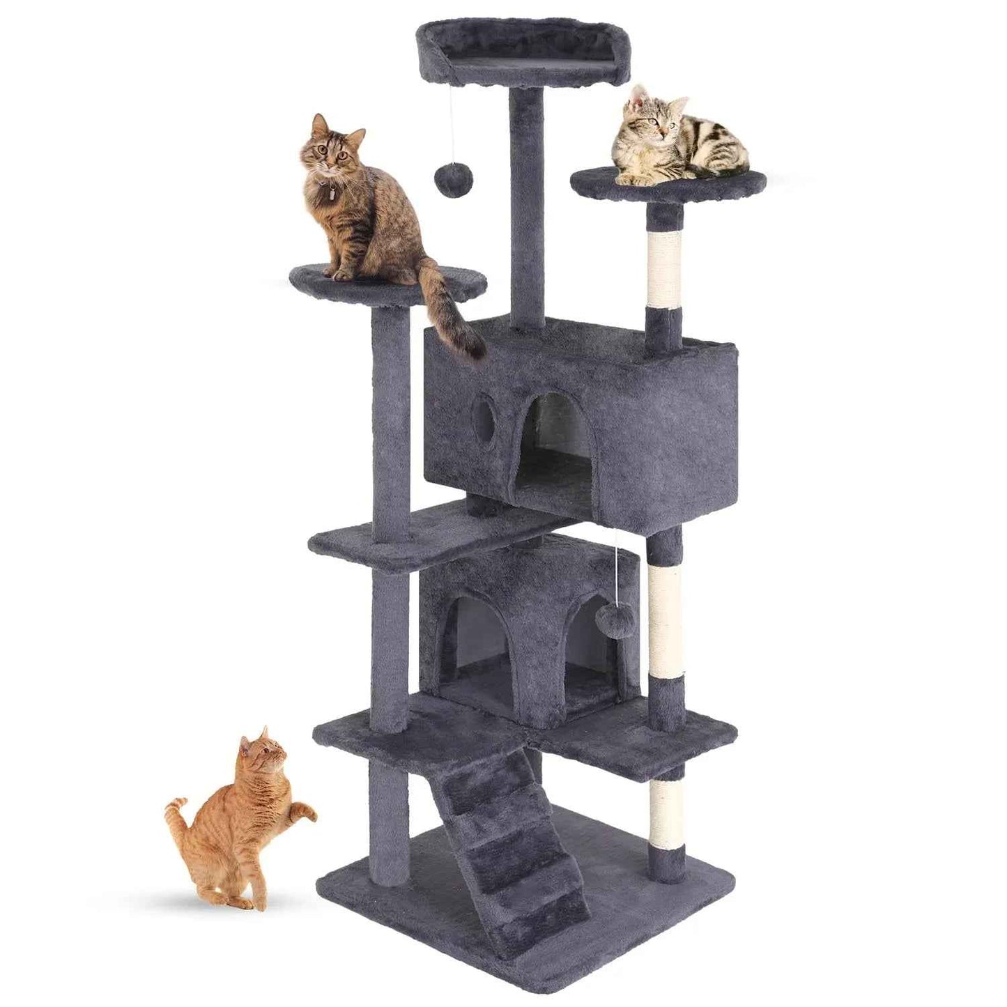 FDW Cat Tree 54in Cat Tower Multi-Level Durable Cat Scratching Post & Cozy Fun Cat Jumping Platform Space Saving Cat Condo Pet Play House for Indoor Cats,Dark Gray