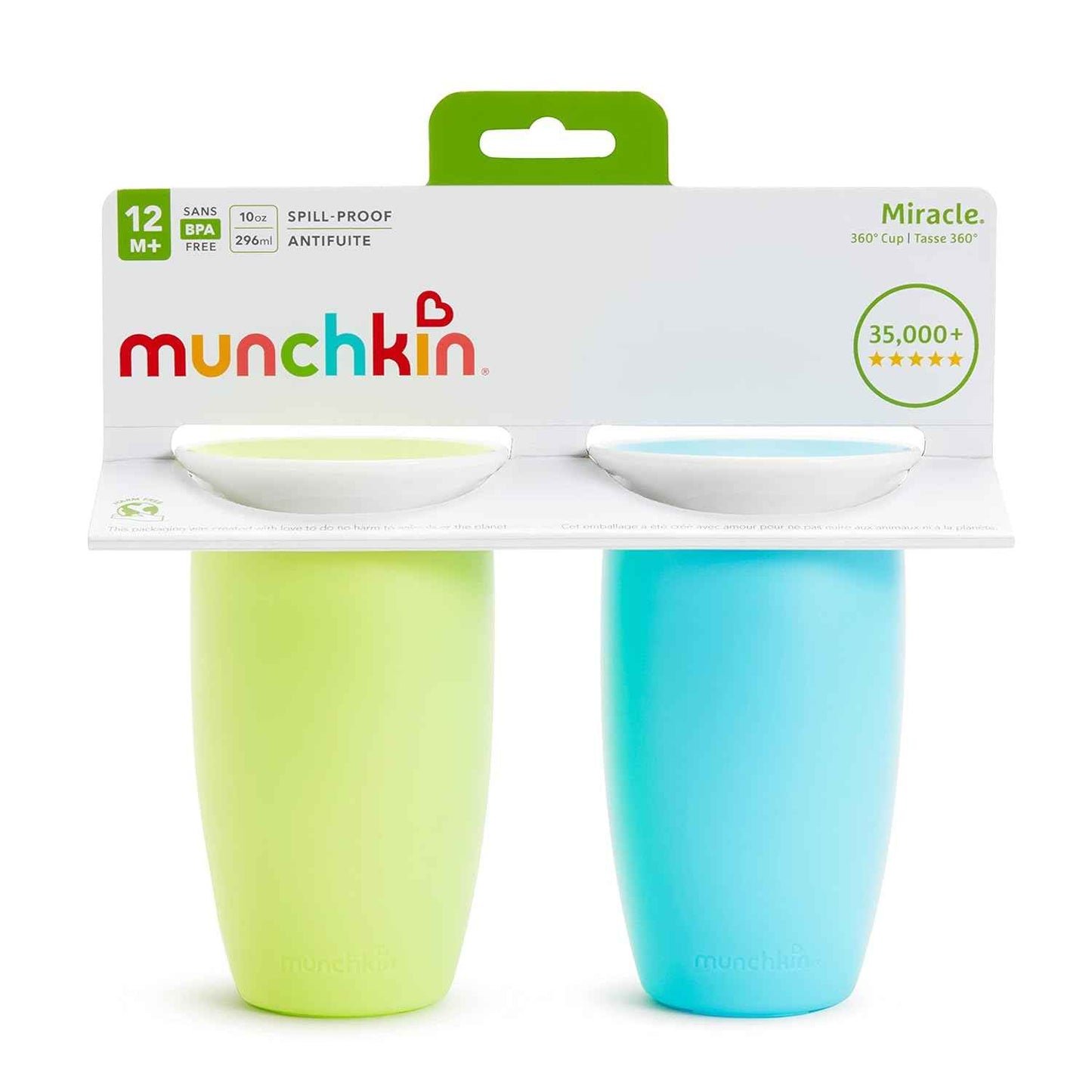 Munchkin Sippy Cups for Toddlers 1-3, Spill Proof Miracle 360 Cup, 10 Ounce, 2 Pack, Green/Blue