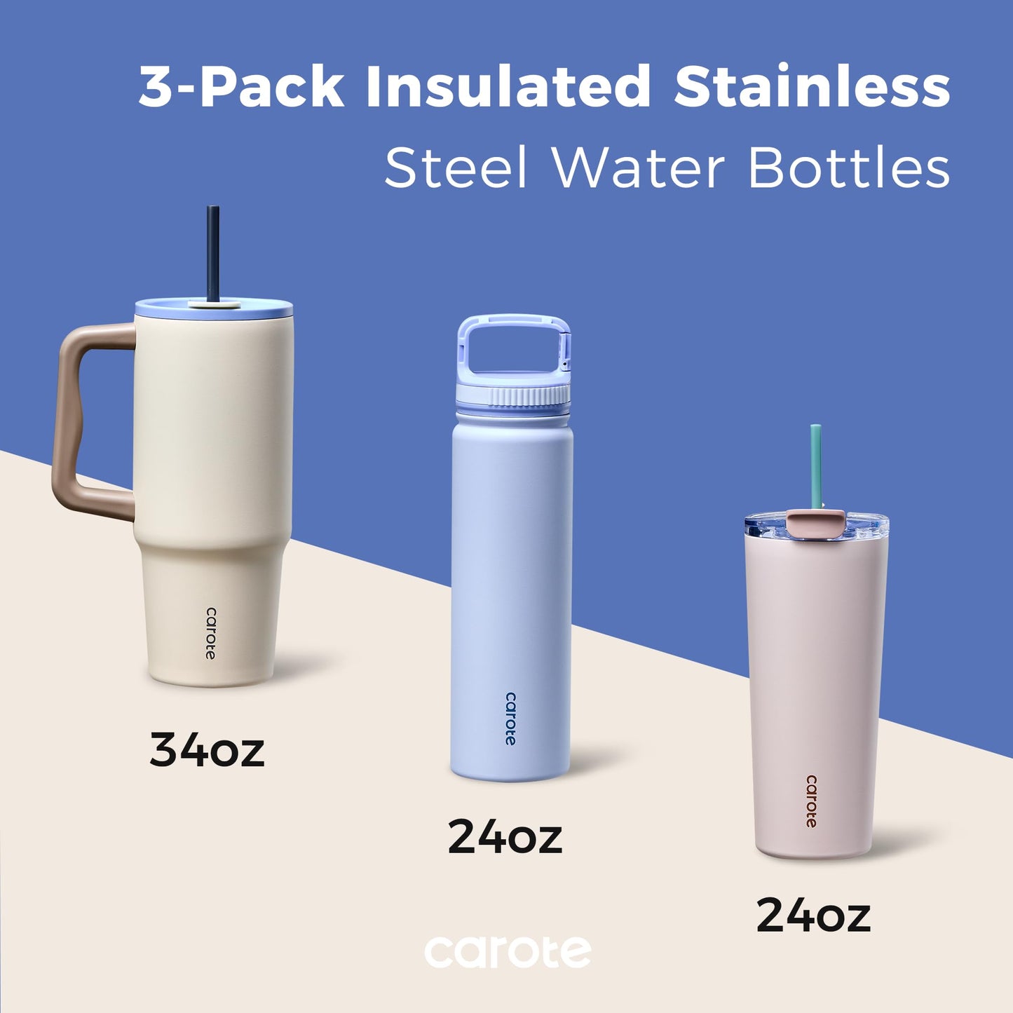 CAROTE 3-Pack Insulated Stainless Steel Water Bottles with Upgraded Leakproof Tech, Travel Coffee Tumplers with Straw, 34/24/24 oz Heart Paradise Straw Tumbler Set of Three (Blue)