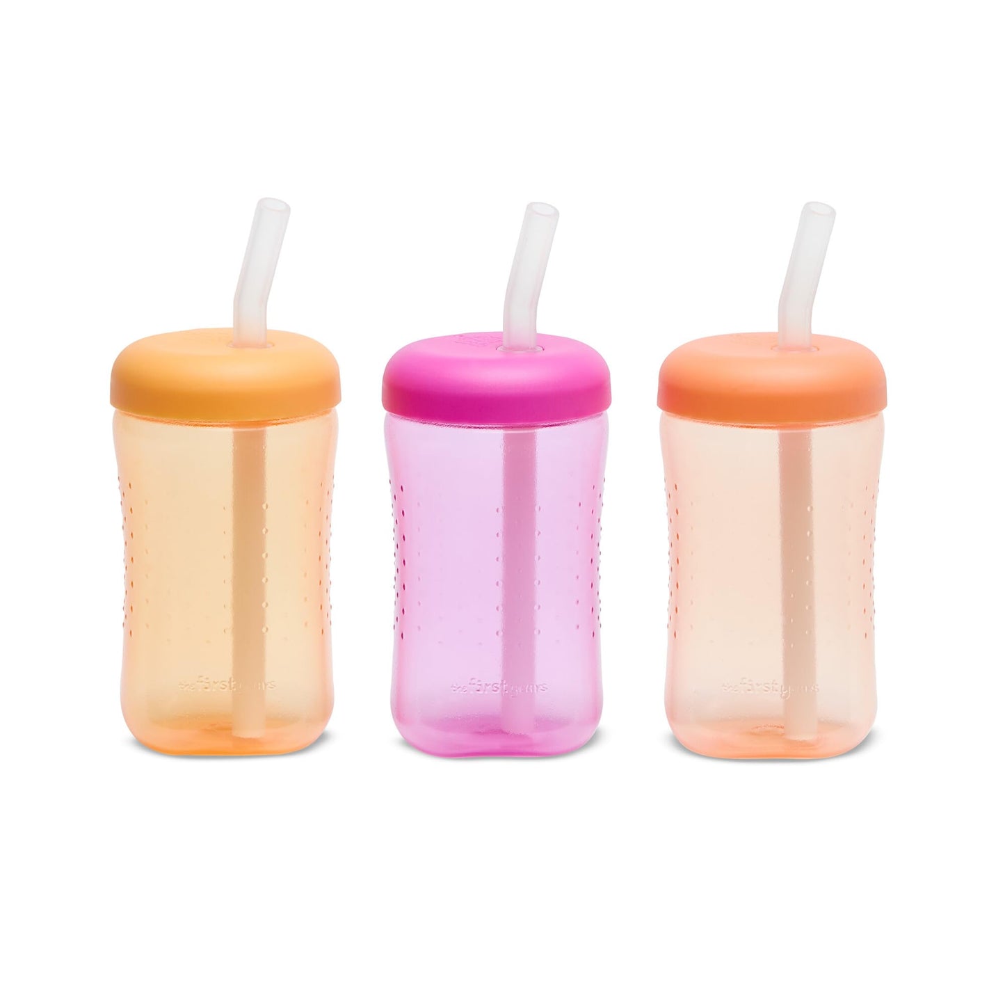 The First Years Squeeze & Sip Toddler Straw Cups - Squeezable Transition Sippy Cup with Silicone Straw - Toddler Feeding Supplies - Pink/Purple/Blue - 7 Oz - 3 Count - Ages 6 Months and Up