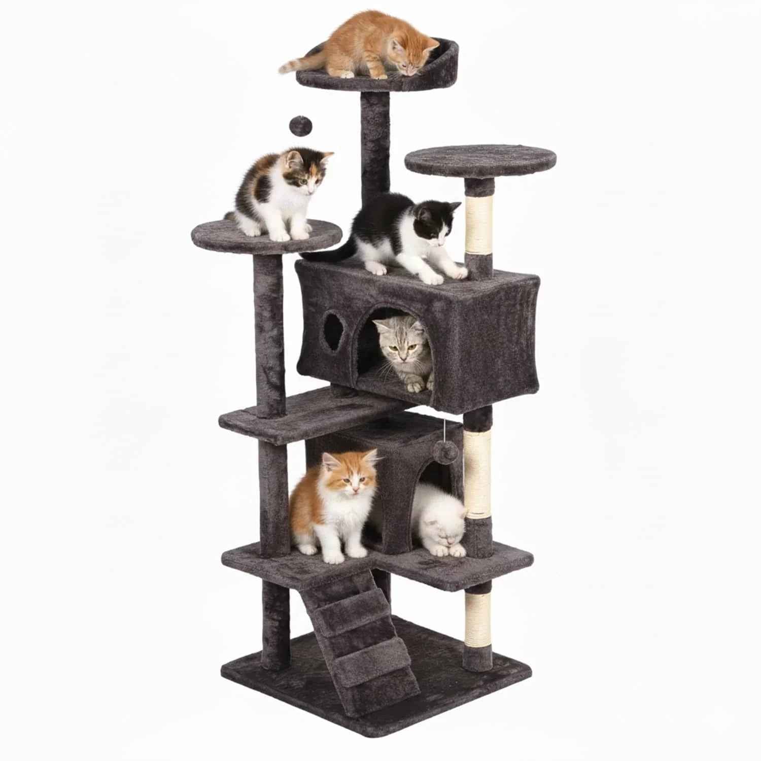 FDW Cat Tree 54in Cat Tower Multi-Level Durable Cat Scratching Post & Cozy Fun Cat Jumping Platform Space Saving Cat Condo Pet Play House for Indoor Cats,Dark Gray