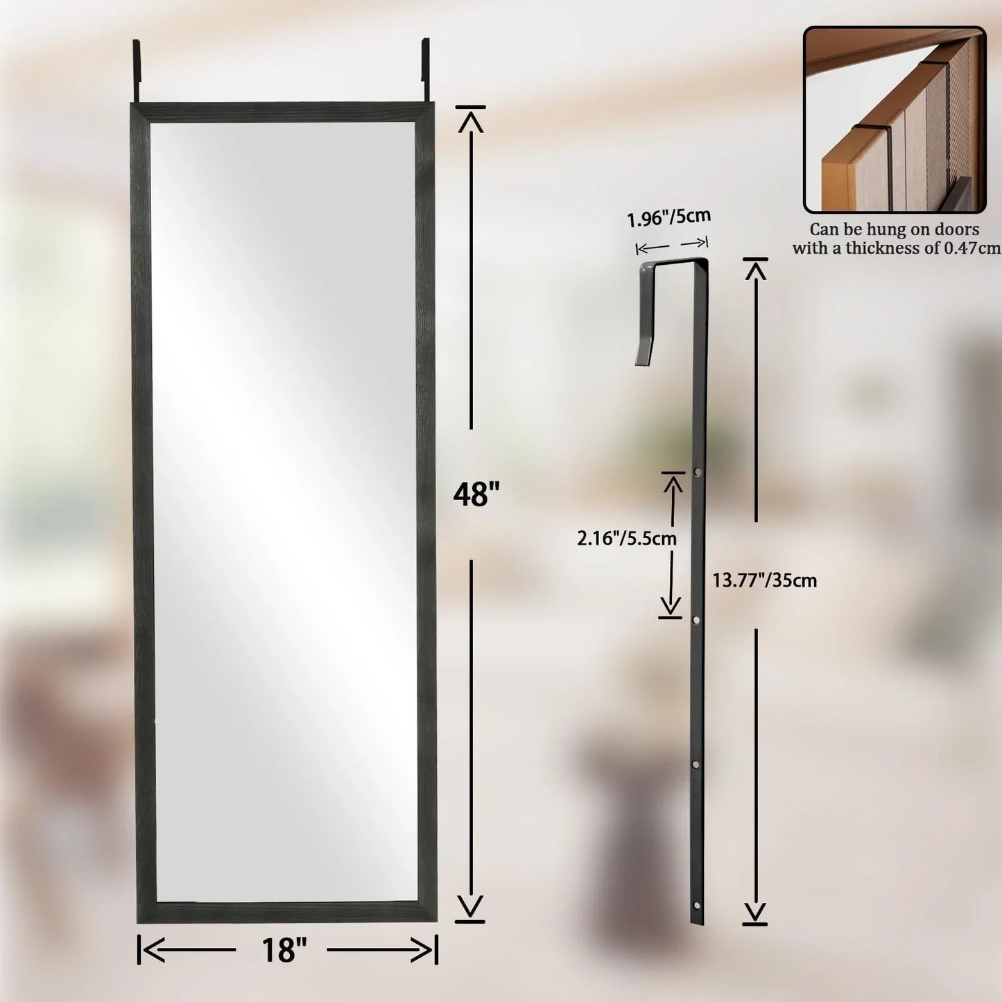 VooBang 14"x48" Full Length Over The Door Mirror - Aluminum Alloy Frame Full Body Mirror with Height-Adjustable Hangers, Hanging Leaning Against Wall for Dorm, Black - Jlhbookstore.store