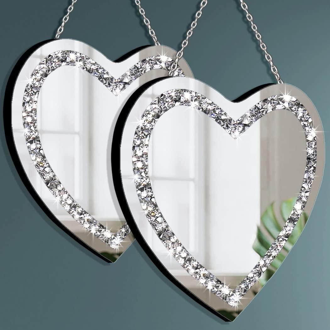 DMDFIRST Heart Shaped Silver Glass Mirror 2 Pack 12x12inch Crystal Crush Diamond Decor Chain Mirror for Wall Decoration - Jlhbookstore.store