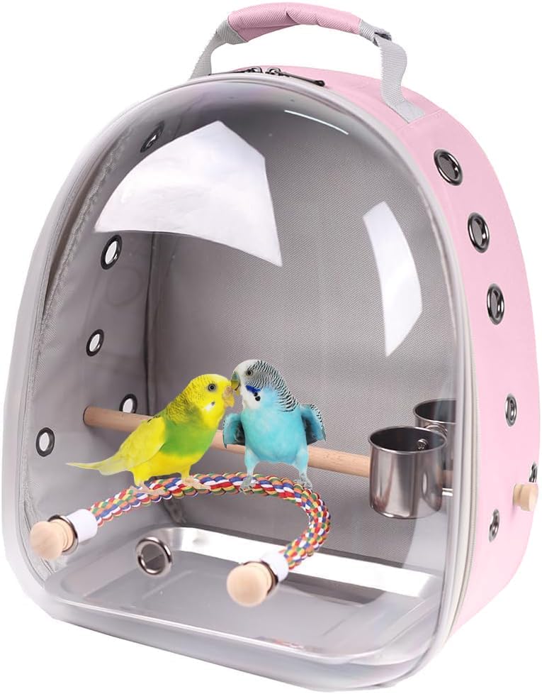 Bird Traval Carrier Cage, Clear Space Capsule Astronaut Backpack to Carry Parakeet Cockatiel Parrot with Metal Tray Wood Perch, Vet Transport School Bag