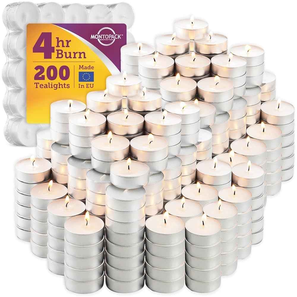 MontoPack Unscented Tea Light Candles 100 Pack | 4 hours, White, Smokeless, Dripless Small Votive Paraffin Tealights | Long-Lasting for Home, Shabbat, Weddings, Events, Emergencies | Mini Candles Bulk