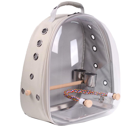 Bird Traval Carrier Cage, Clear Space Capsule Astronaut Backpack to Carry Parakeet Cockatiel Parrot with Metal Tray Wood Perch, Vet Transport School Bag