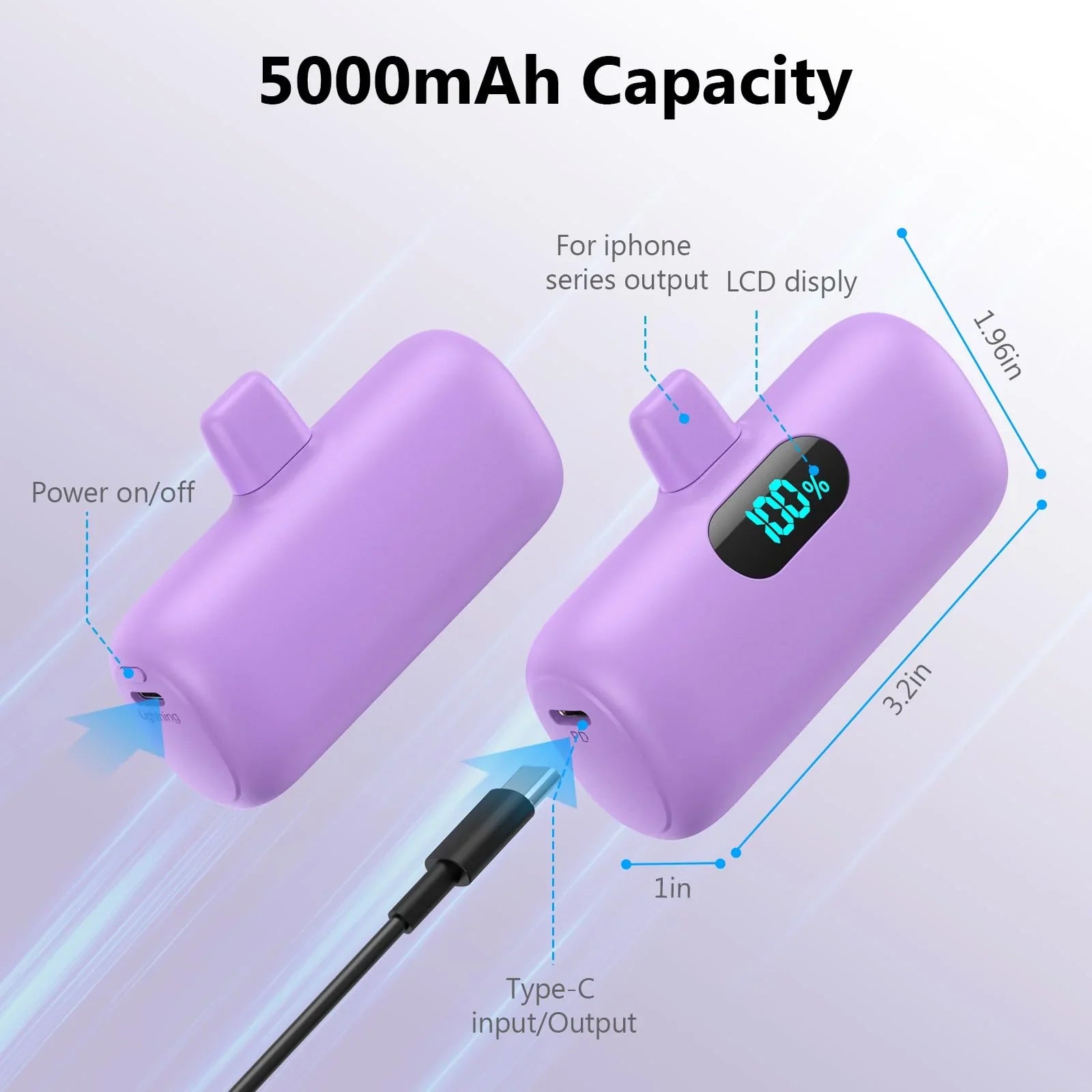 Mini Portable Charger for iPhone,Upgraded 5000mAh PD Fast Charging Battery Pack,LCD Display Cute Power Bank Portable Phone Charger for iPhone 14/14 Pro Max/13/13 Pro/12 Pro/11/XS/XR/X/8/7/6-Black - Jlhbookstore.store