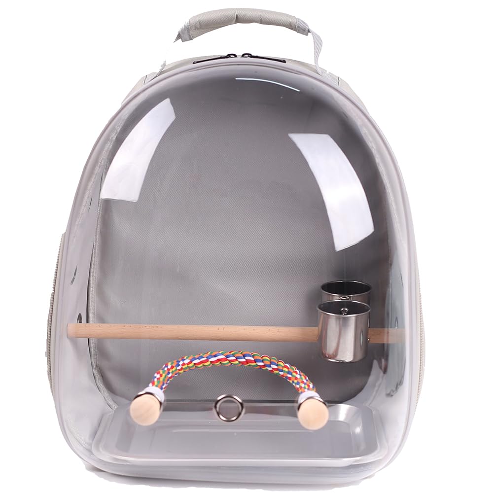 Bird Traval Carrier Cage, Clear Space Capsule Astronaut Backpack to Carry Parakeet Cockatiel Parrot with Metal Tray Wood Perch, Vet Transport School Bag
