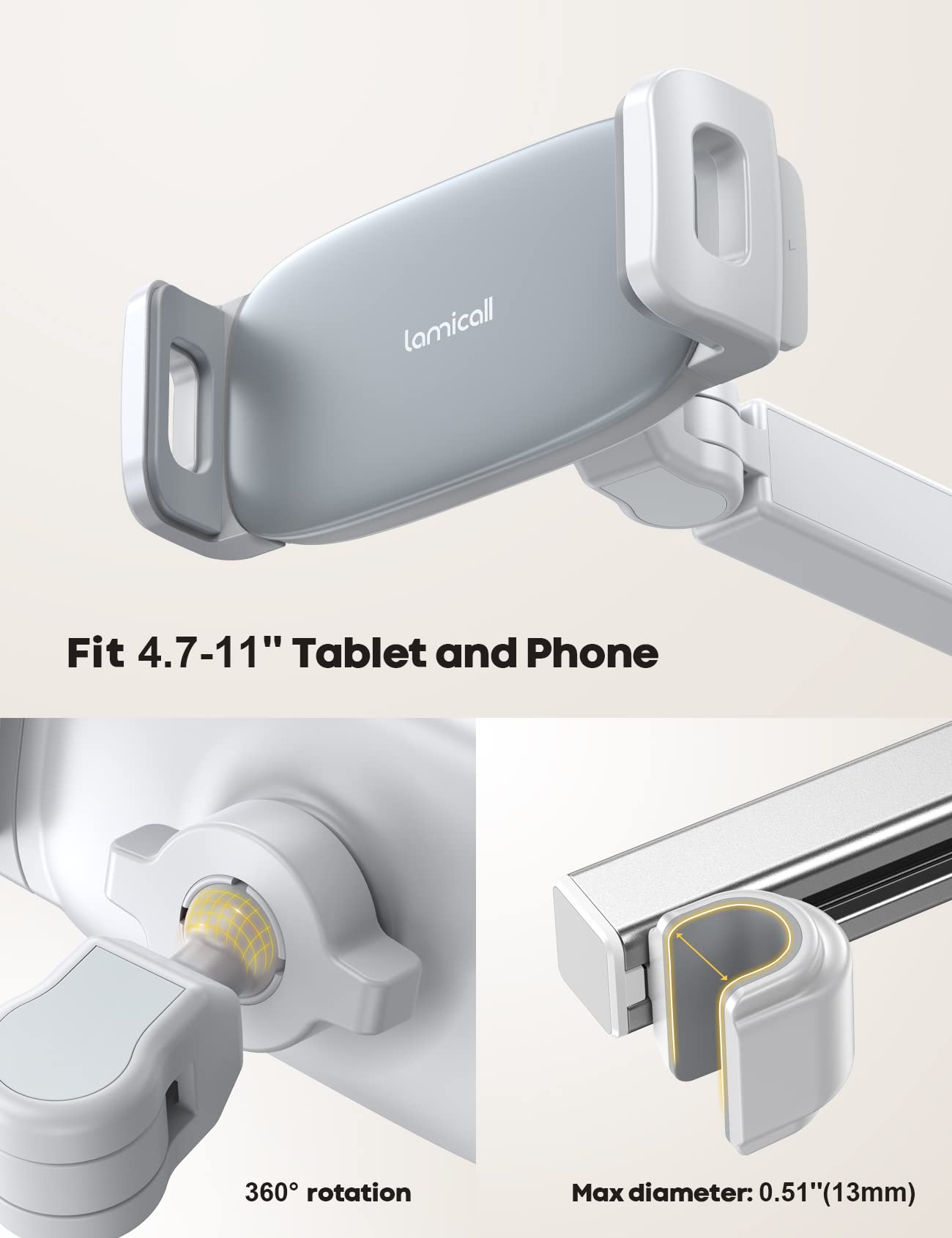 Lamicall Car Headrest Tablet Holder - [3 in 1 Extension Arm] Adjustable Tablet Car Mount for Back Seat, Road Trip Essentials for Kids, for 4.7-11" Device Like iPad Pro, Air, Mini, Galaxy, Fire, Black