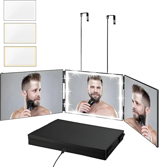 Vanexiss Rechargeable 3 Way Mirror for Hair Cutting, Real Glass Adjustable Trifold Mirror with 3 Color Temps LED Light & Telescoping Hooks for Makeup, Shaving & Styling - Jlhbookstore.store