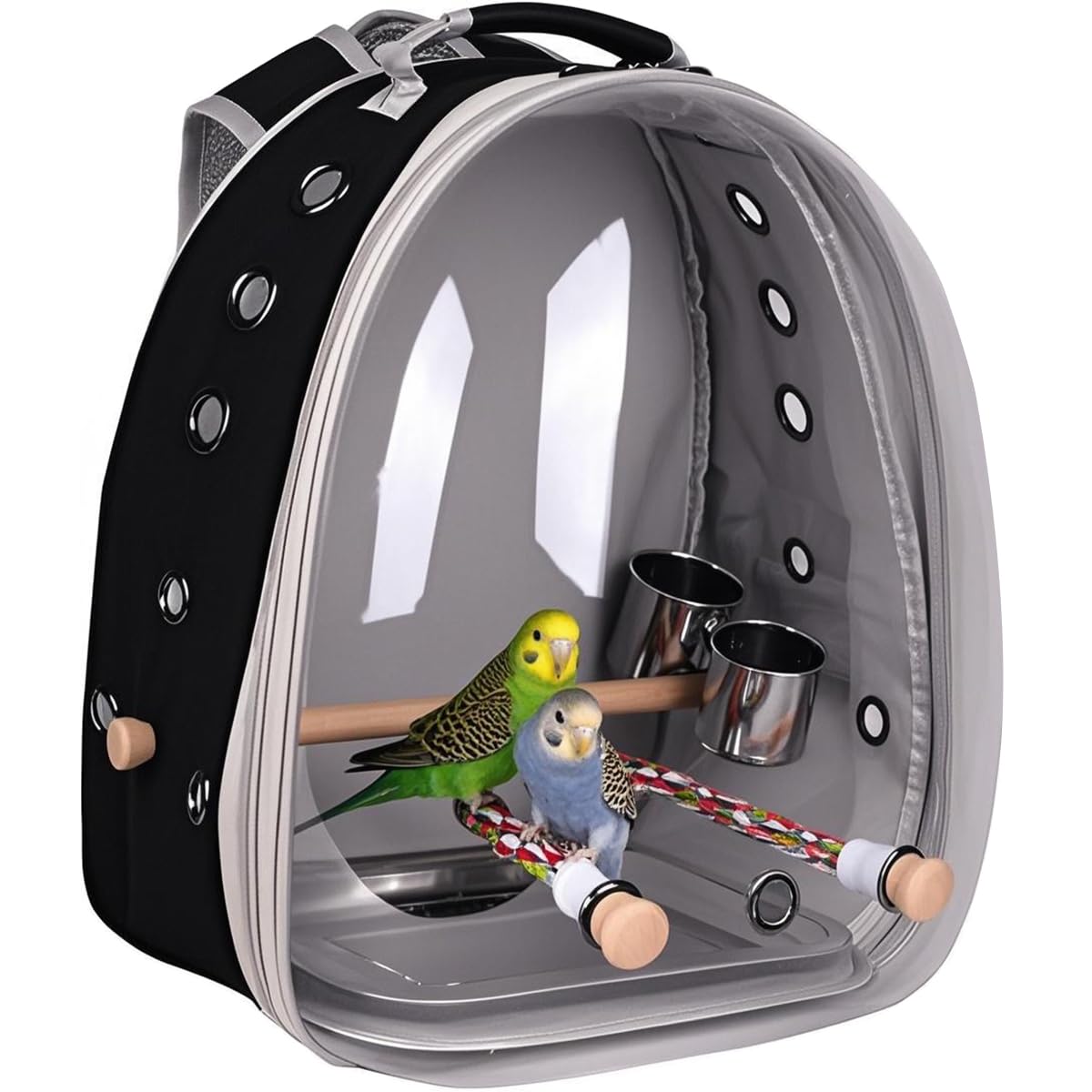Bird Traval Carrier Cage, Clear Space Capsule Astronaut Backpack to Carry Parakeet Cockatiel Parrot with Metal Tray Wood Perch, Vet Transport School Bag