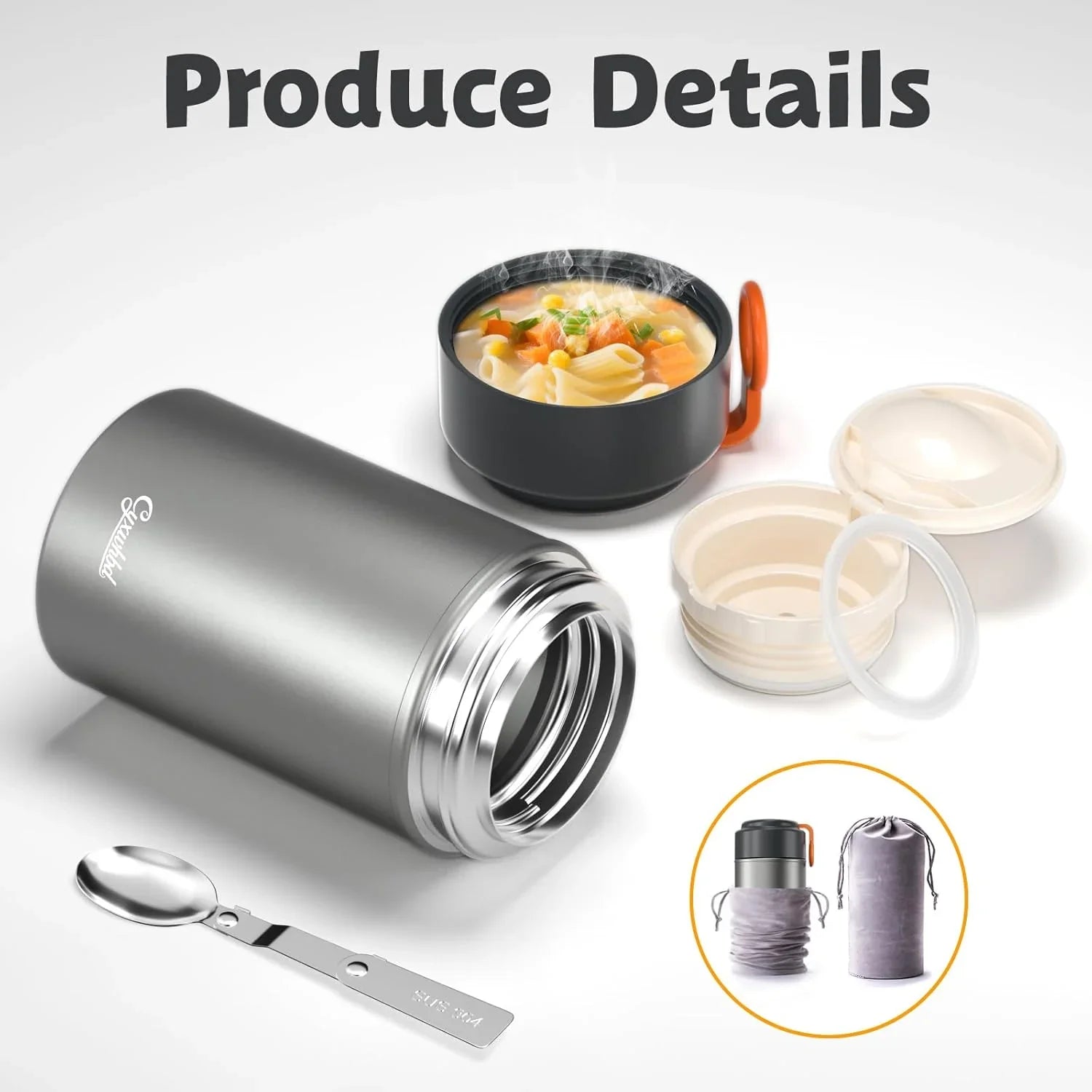 2-Pack Thermo for Hot Food (17oz & 27oz) - 10H Hot & Cold, Leakproof, Dishwasher Safe Insulated Food Container, Soup Thermo for Adults - with Spoons & Bags for Office, Travel(Grey) - Jlhbookstore.store