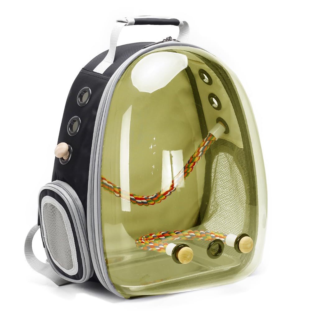 Bird Traval Carrier Cage, Clear Space Capsule Astronaut Backpack to Carry Parakeet Cockatiel Parrot with Metal Tray Wood Perch, Vet Transport School Bag