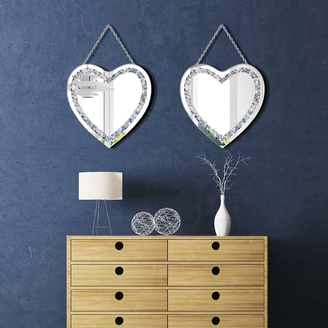 DMDFIRST Heart Shaped Silver Glass Mirror 2 Pack 12x12inch Crystal Crush Diamond Decor Chain Mirror for Wall Decoration - Jlhbookstore.store