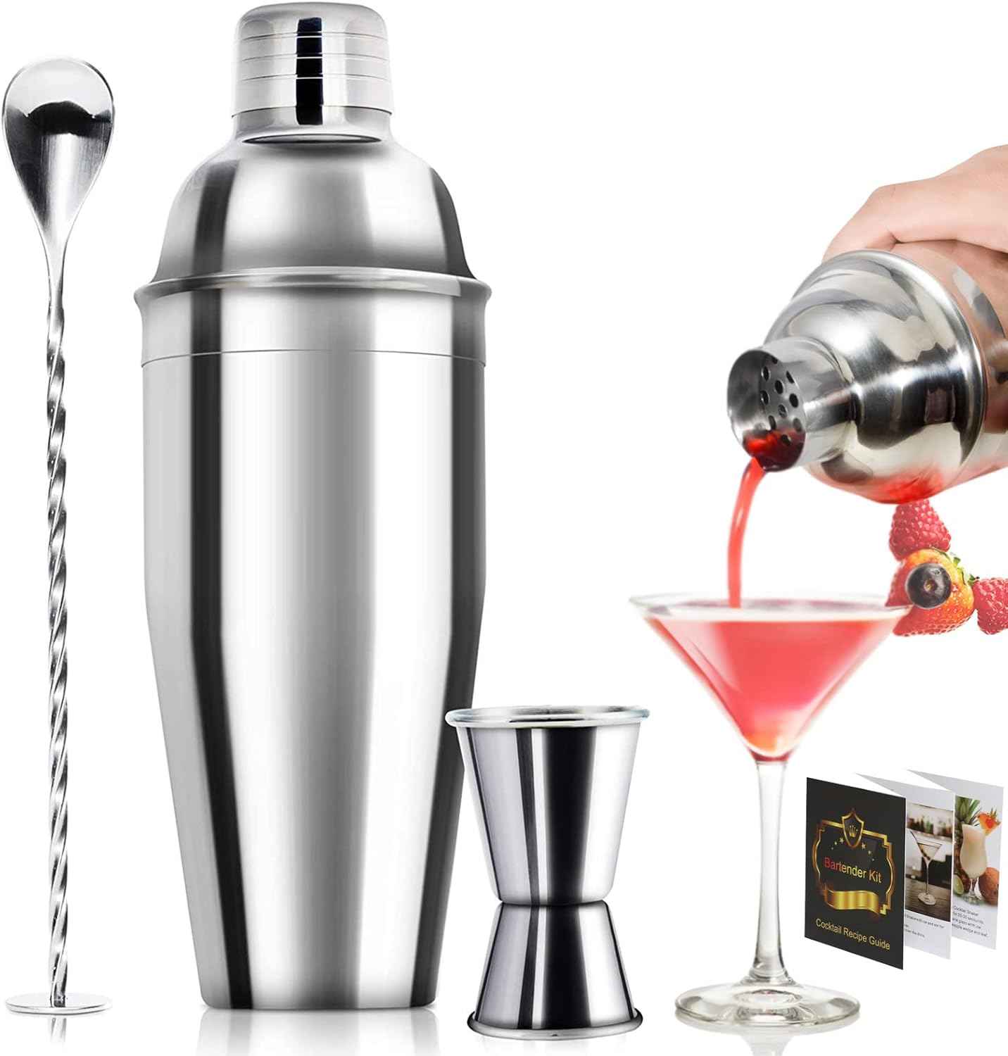 WPHUAW 24oz Cocktail Shaker Bar Set-Professional Margarita Mixer Drink Shaker and Measuring Jigger & Mixing Spoon Set-Professional Stainless Steel Bar Tools Built-in Bartender Strainer for Martini Kit