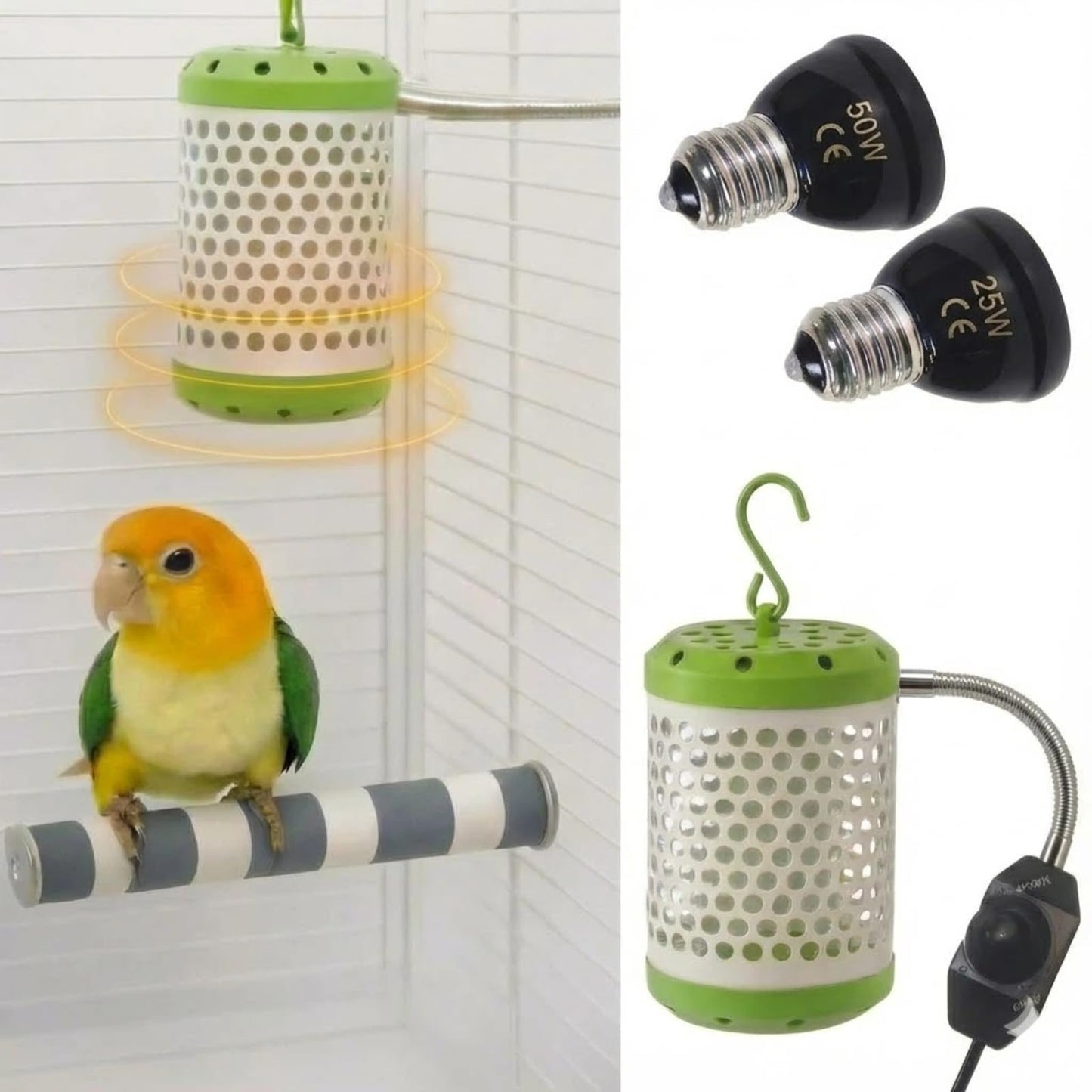 MANON ROSA Bird Cage Heater for Parakeets Chickens Parrots - Thermostatic Socket, No-Light Lamp with 2 Ceramic Bulbs (E27 110V) - Small Pet Winter Warming Equipment(50W&100W)