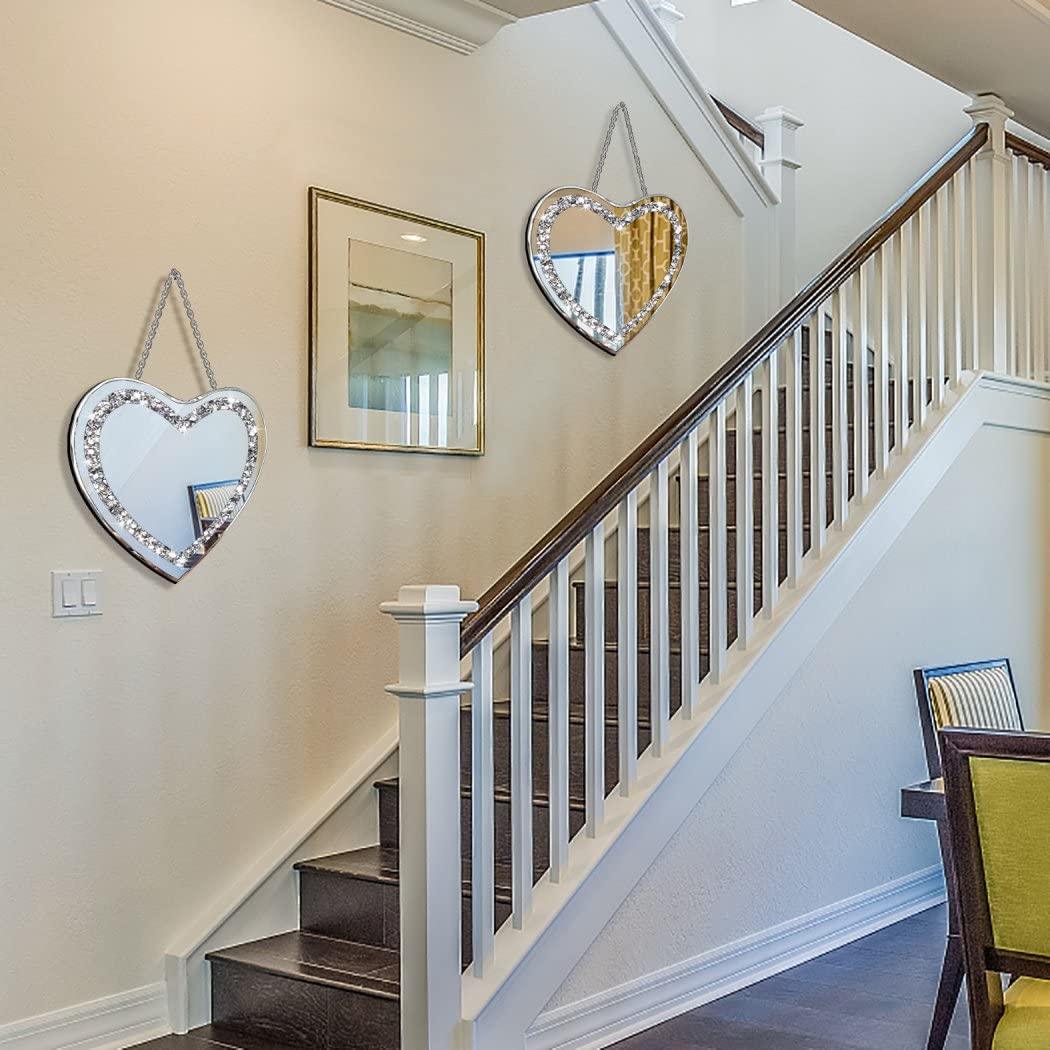 DMDFIRST Heart Shaped Silver Glass Mirror 2 Pack 12x12inch Crystal Crush Diamond Decor Chain Mirror for Wall Decoration - Jlhbookstore.store