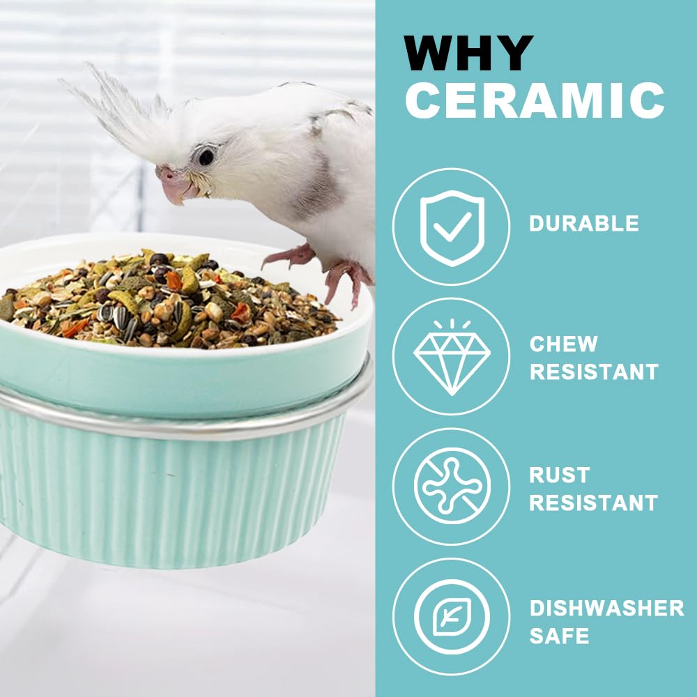Bird Feeding Cups Parrot Food Cage Bowl Clamp Holder Coop Cup, Ceramic Bird Cage Water Bowl, Pet Feeder Cage for Parakeet African Greys Conure Cockatiels Lovebird Budgie-Blue