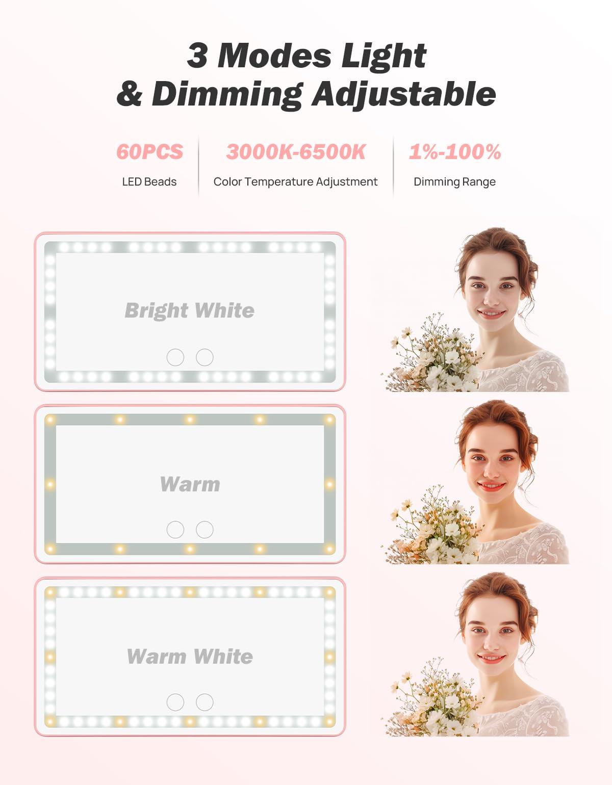 JOYTUTUS Car Sun Visor Vanity Mirror with Lights, 3 Light Modes & 60 LEDs, Rechargeable Dimmable Touch Control Travel Makeup Mirror for Truck SUV