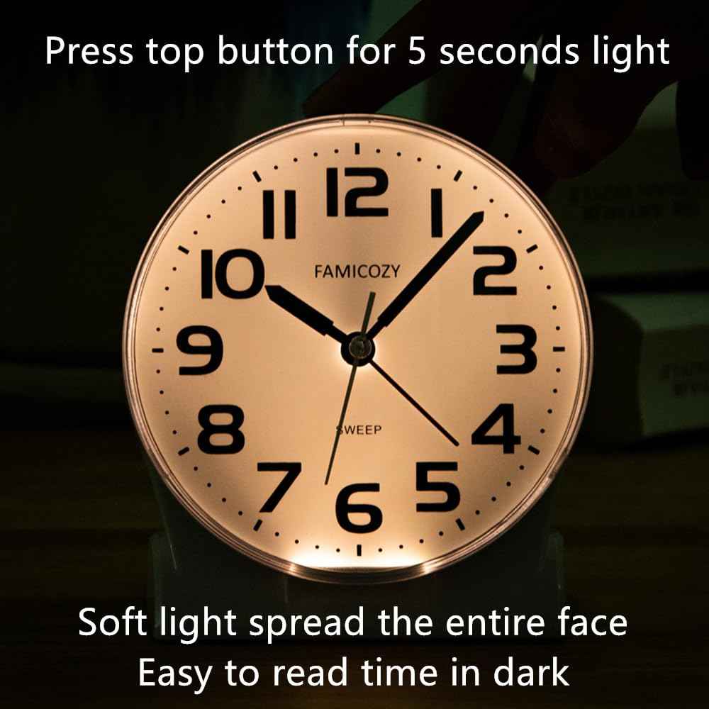 FAMICOZY 4.5" No Ticking Analog Alarm Clock,Silent Readable for Seniors,Easy to Set,Gradual Rise Alarm,Big Numbers,On/Off Switch on Side,Gentle Wake,Snooze Soft Backlight,Battery Operated,White