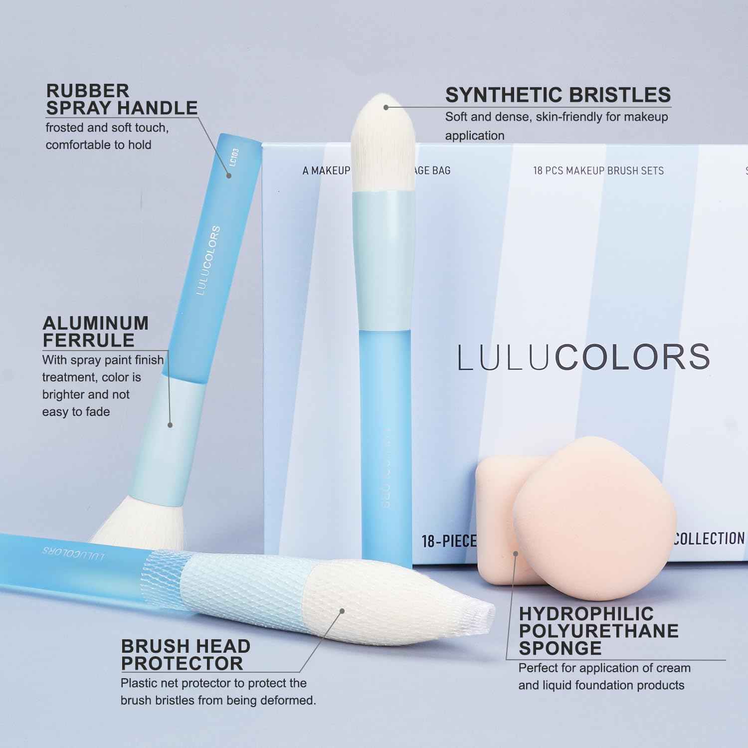 18-Pcs Makeup Brush Set for Beginners - Travel-Friendly with Soft Arthritis-Friendly Handles & Non-Shedding Bristles | Includes Storage Bag, Eyeshadow Brushes & Sponges (Multi-Color)