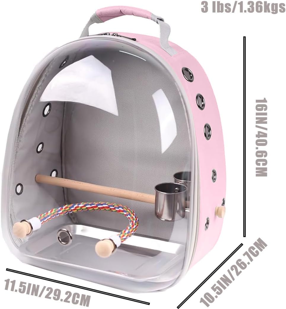Bird Traval Carrier Cage, Clear Space Capsule Astronaut Backpack to Carry Parakeet Cockatiel Parrot with Metal Tray Wood Perch, Vet Transport School Bag