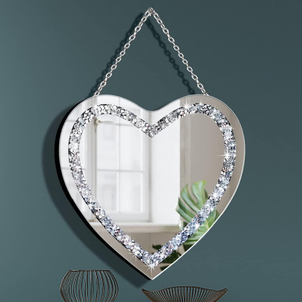 DMDFIRST Heart Shaped Silver Glass Mirror 2 Pack 12x12inch Crystal Crush Diamond Decor Chain Mirror for Wall Decoration - Jlhbookstore.store