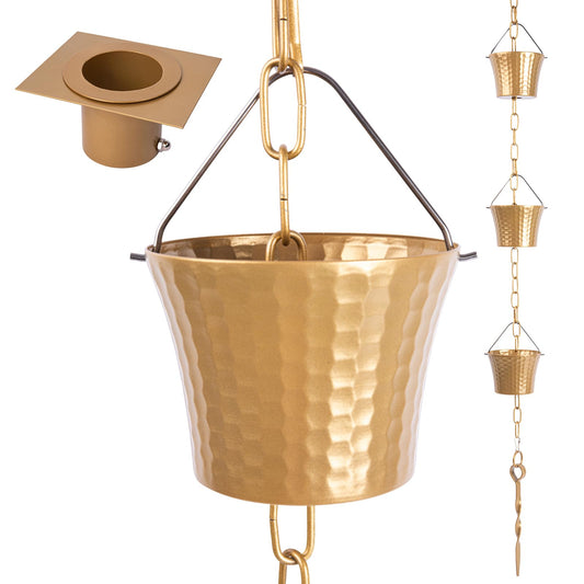 Rain Chain Bird Cage Set 8.5Ft, Not Rust Wrought Iron Rain Chains for Gutters with Adapter Gotta Drain and Sturdy Anchoring Stake,13 Cups, 1 Hook, Adjustable Length for Garden Decorative (Coffee)