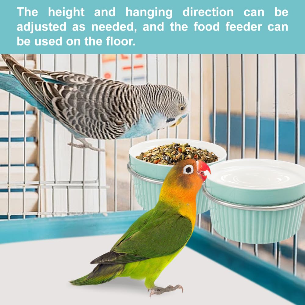 Bird Feeding Cups Parrot Food Cage Bowl Clamp Holder Coop Cup, Ceramic Bird Cage Water Bowl, Pet Feeder Cage for Parakeet African Greys Conure Cockatiels Lovebird Budgie-Blue