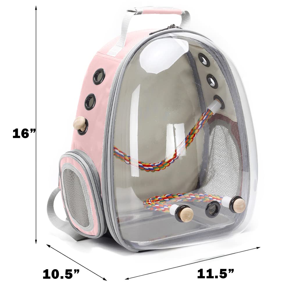 Bird Traval Carrier Cage, Clear Space Capsule Astronaut Backpack to Carry Parakeet Cockatiel Parrot with Metal Tray Wood Perch, Vet Transport School Bag