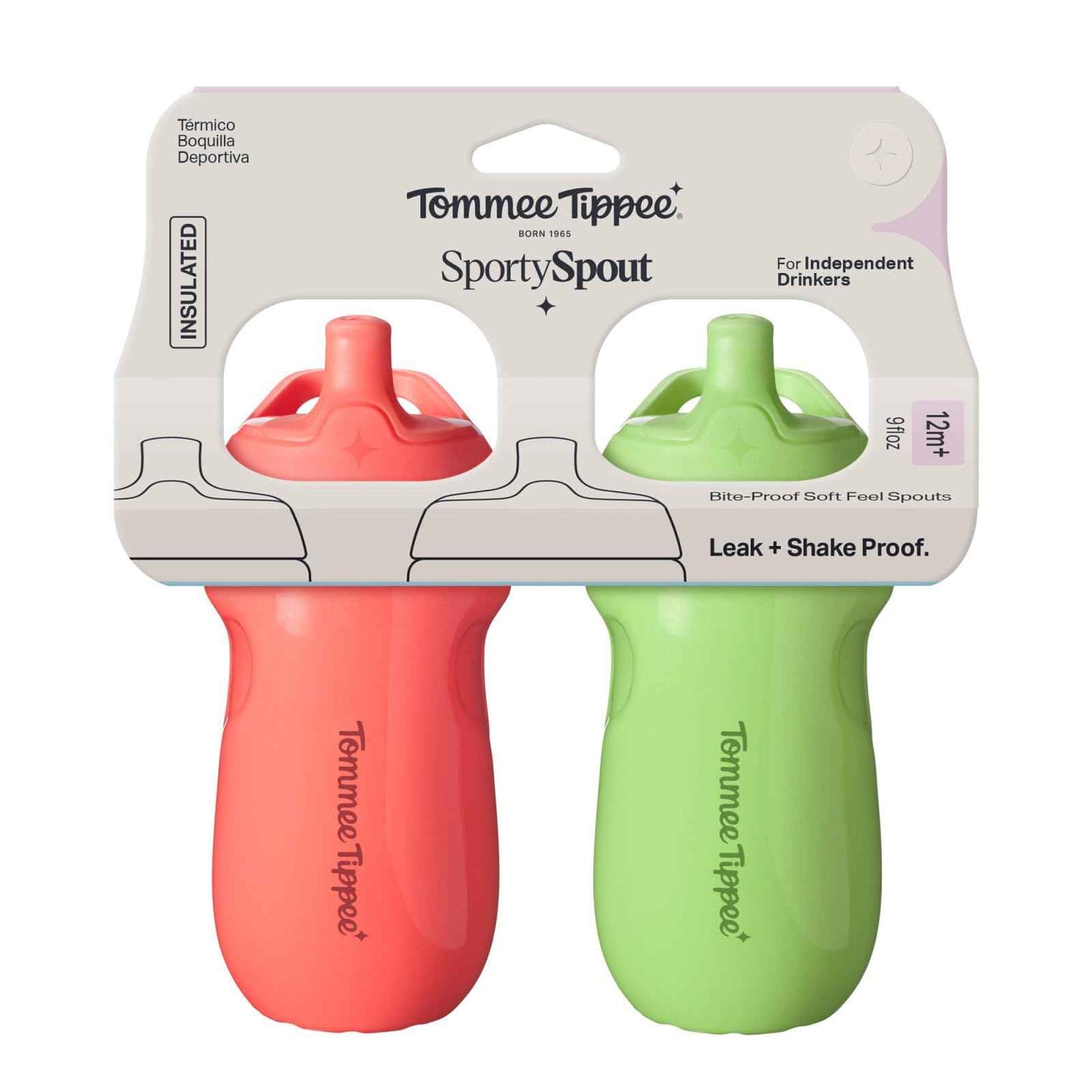 Tommee Tippee Insulated 9oz Sporty Spout Toddler Water Bottle, No Spill, Sippy Cups for Toddlers 1-3, Two-Piece Valve Helps Stop Spills, Light Blue & Orange, BPA Free, Pack of 2