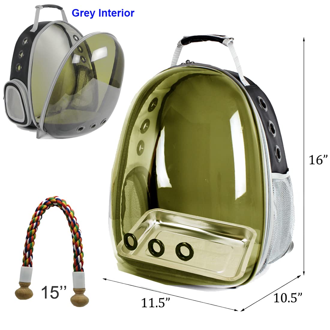 Bird Traval Carrier Cage, Clear Space Capsule Astronaut Backpack to Carry Parakeet Cockatiel Parrot with Metal Tray Wood Perch, Vet Transport School Bag