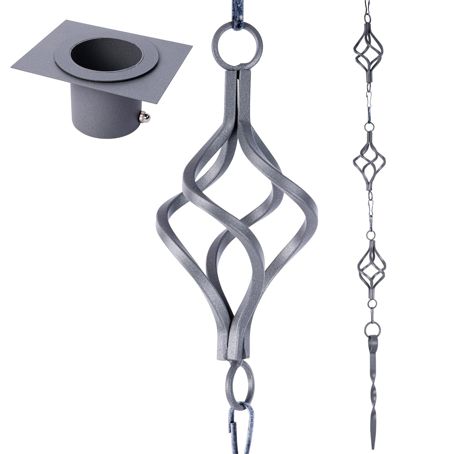 Rain Chain Bird Cage Set 8.5Ft, Not Rust Wrought Iron Rain Chains for Gutters with Adapter Gotta Drain and Sturdy Anchoring Stake,13 Cups, 1 Hook, Adjustable Length for Garden Decorative (Coffee)