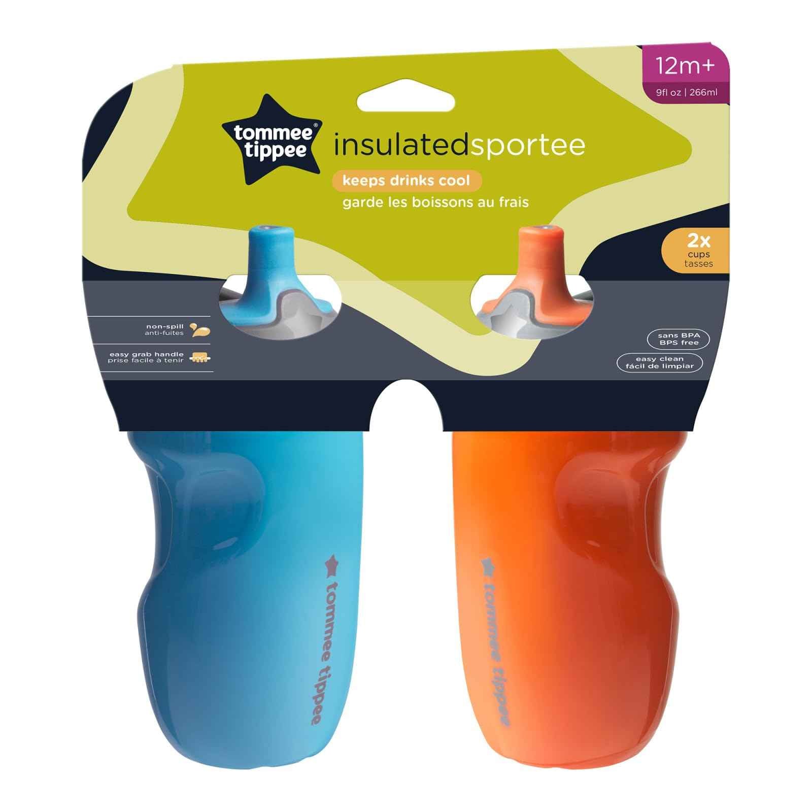 Tommee Tippee Insulated 9oz Sporty Spout Toddler Water Bottle, No Spill, Sippy Cups for Toddlers 1-3, Two-Piece Valve Helps Stop Spills, Lilac & Plum, BPA Free, Pack of 2