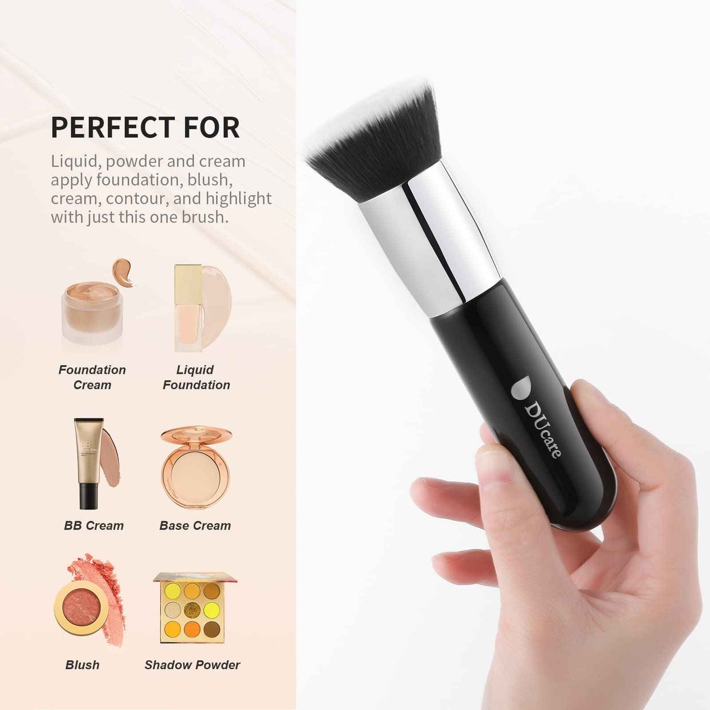 DUcare Kabuki Foundation Brush for Liquid Makeup Flat Top Professional Stick Buffing Blending Mineral Powder Large Face Makeup Brush, Black