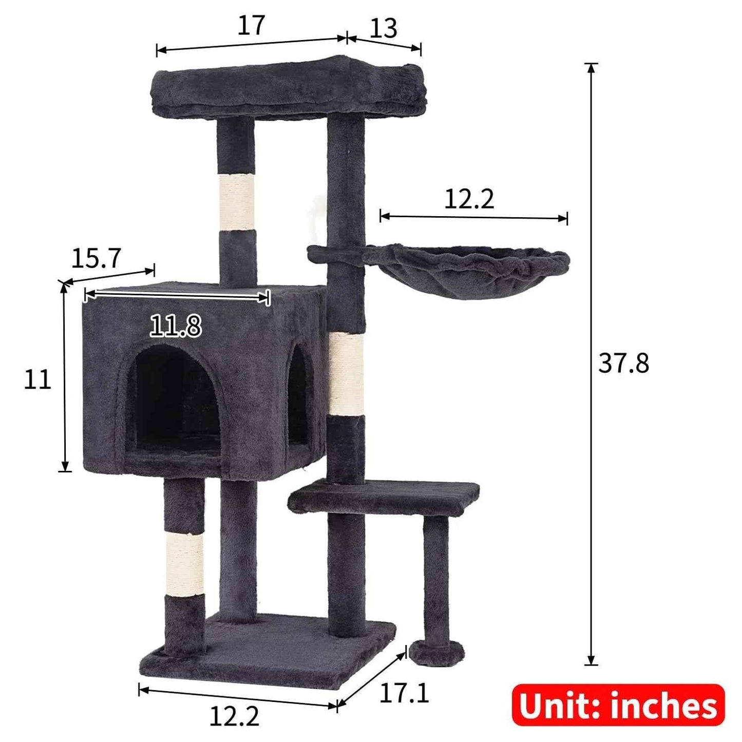 FDW Cat Tree 54in Cat Tower Multi-Level Durable Cat Scratching Post & Cozy Fun Cat Jumping Platform Space Saving Cat Condo Pet Play House for Indoor Cats,Dark Gray